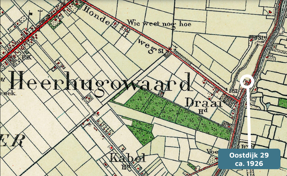Historische kaart van Heerhugowaard met de locatie van Oostdijk 29, omstreeks 1926